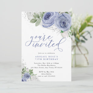 Blue and Silver Watercolor Flowers, You're Invited Invitation