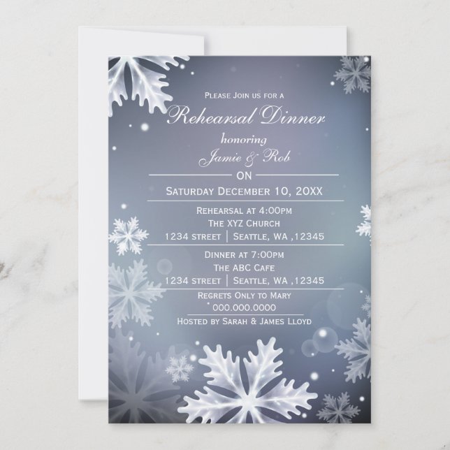 Blue and Silver Winter Rehearsal Dinner invite (Front)