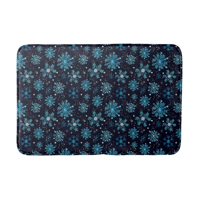Blue and Silver Winter Snowflakes Bath Mat (Front)