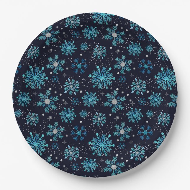 Blue and Silver Winter Snowflakes Paper Plate (Front)