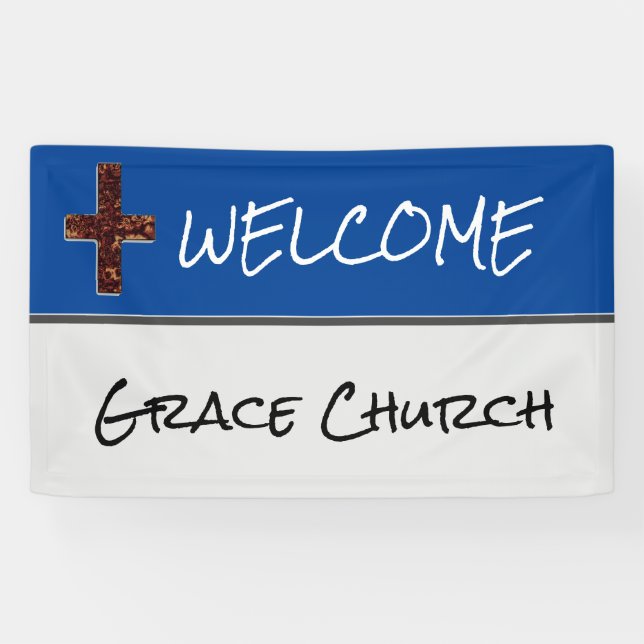 Blue and Silver With Cross Church Welcome Banner (Horizontal)