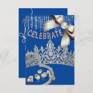 Blue and Silver with crown diamonds blue  party Invitation