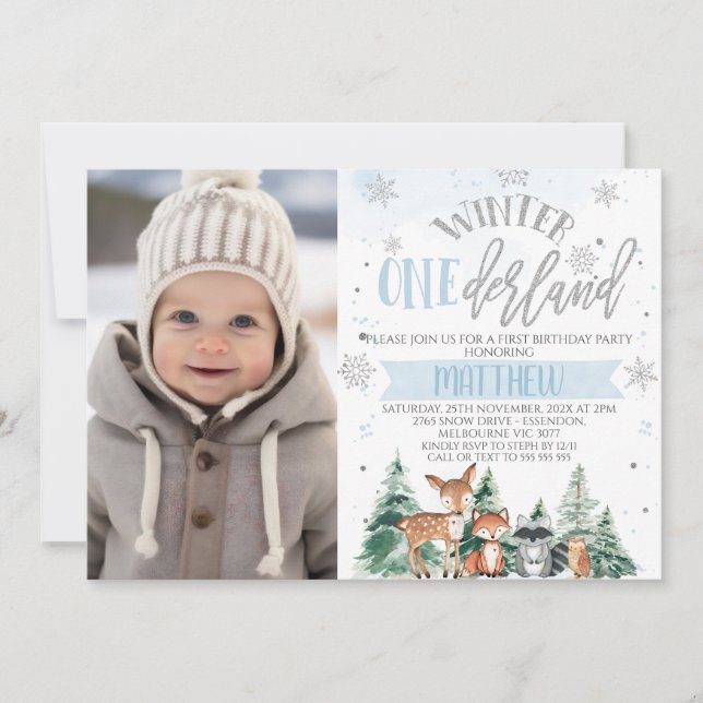 Blue And Silver Woodland Onederland 1st Birthday Invitation (Front)