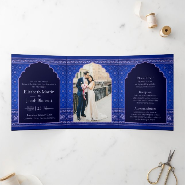 Blue and Sliver Bollywood Style Indian Wedding  Tri-Fold Invitation (Inside)