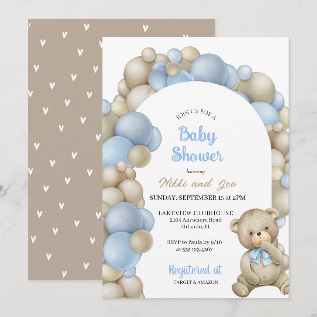Blue and Tan Balloon Arch Teddy Bear Baby Shower Invitation (Front/Back)