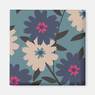 Blue and Tan Blooms Square Magnet