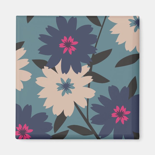 Blue and Tan Blooms Square Magnet (Front)