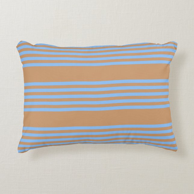 Blue and tan five stripe pattern decorative cushion (Front)