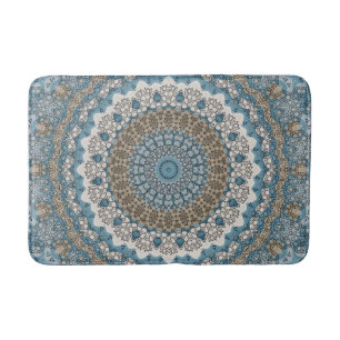 Blue and Tan Mandala Intricate Geometric Pattern Bath Mat
