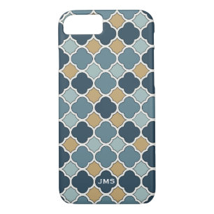 Blue and Tan Quatrefoil Triple Monogram iPhone 7 iPhone 8/7 Case