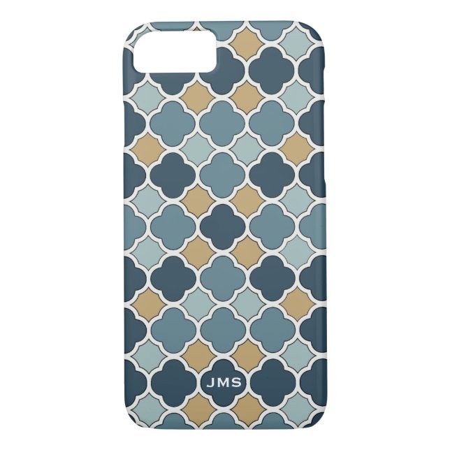 Blue and Tan Quatrefoil Triple Monogram iPhone 7 Case-Mate iPhone Case (Back)