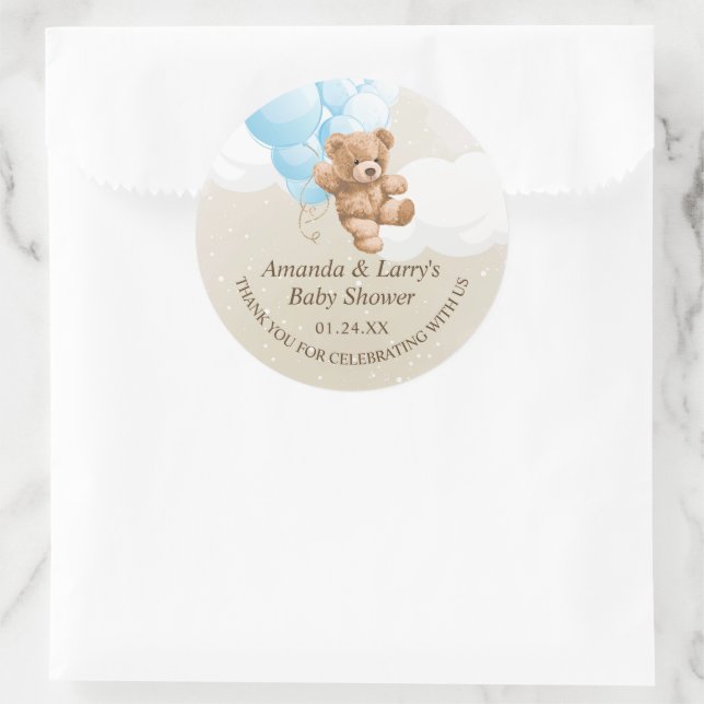 Blue and Tan Teddy Bear with Balloons Classic Round Sticker (Bag)