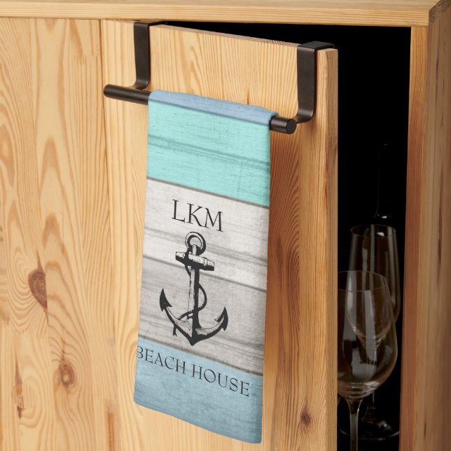 Blue and Tan Tones Wood Nautical - Monogram Tea Towel (Thirds Fold)
