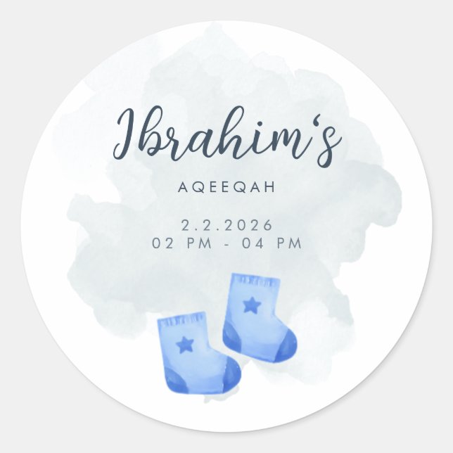 Blue and Tan Watercolor Aqeeqah Baby Boy Sticker (Front)