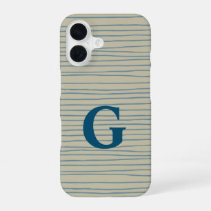 Blue and Taupe Abstract Lines Pattern Monogram iPhone 16 Case