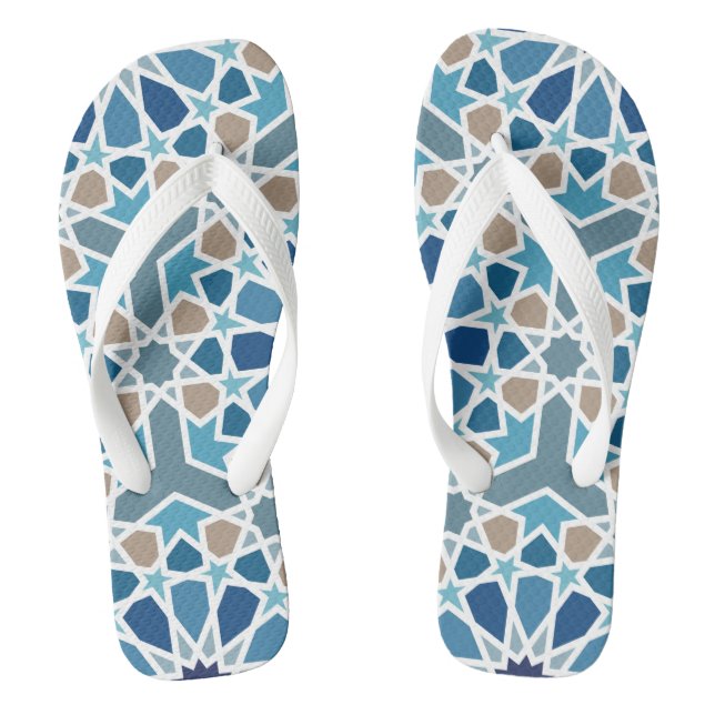 Blue and Taupe Moroccan Geometric Mosaic Pattern Flip Flops (Footbed)