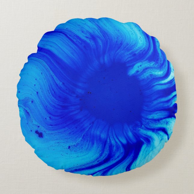Blue and teal abstract painting round cushion (Front)