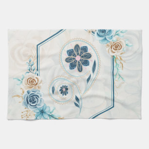 Blue and Teal Art, "Revitalising Life", Floral Tea Towel