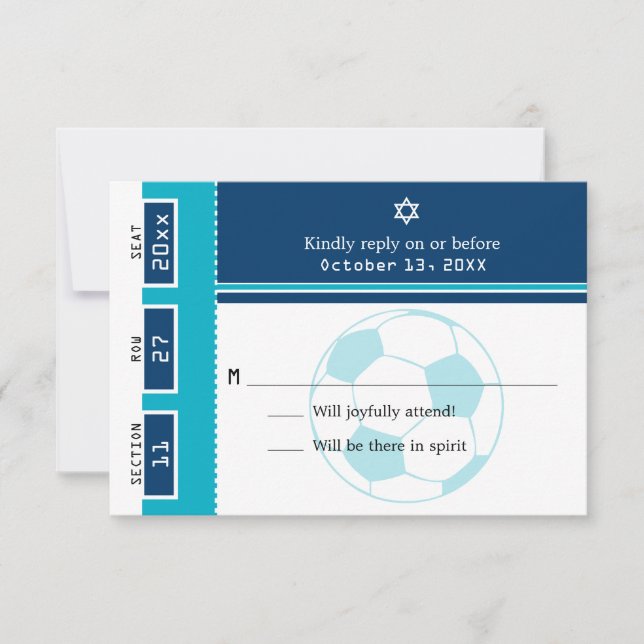 Blue and Teal Bar Mitzvah Soccer Ticket RSVP Card (Front)