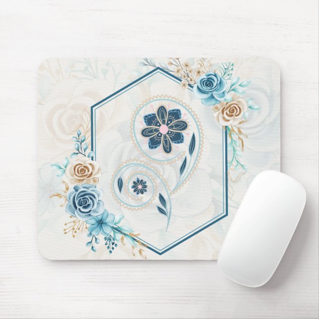 Blue and Teal Floral Graphic, "Revitalising Life" Mouse Mat (With Mouse)