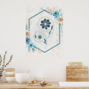 Blue and Teal Floral Graphic, "Revitalising Life" Poster