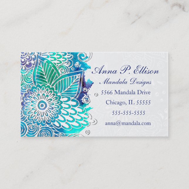 Blue and Teal Floral Mandala Design Business Card (Front)