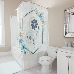 Blue and Teal Graphic, "Revitalising Life", Floral Shower Curtain