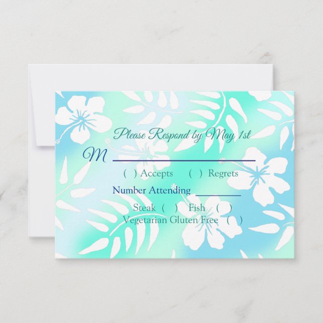 Blue and Teal Hibiscus Tropical Wedding RSVP Card (Front)