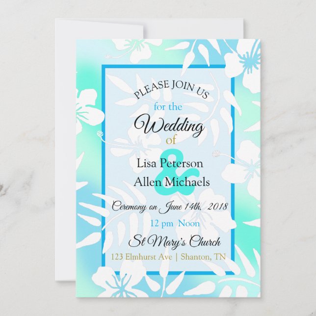Blue and Teal Hibiscus Wedding Invitation (Front)
