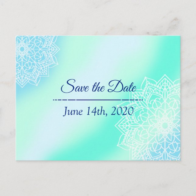 Blue and Teal Mandala Wedding Save the Date Postcard (Front)