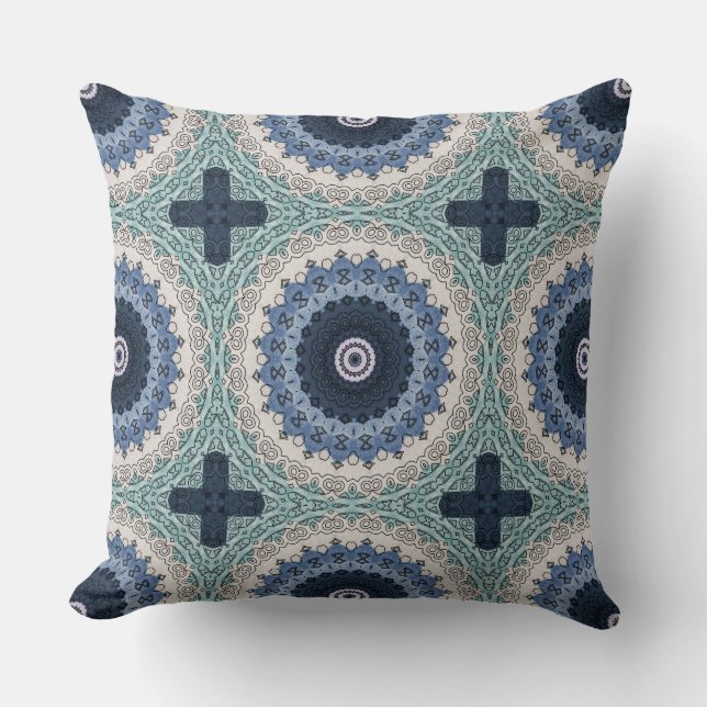 Blue and Teal Mandala with Geometric Symmetry Cushion (Front)