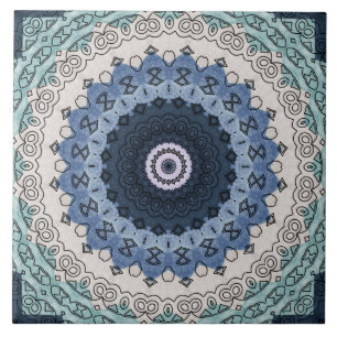 Blue and Teal Mandala with Geometric Symmetry Tile