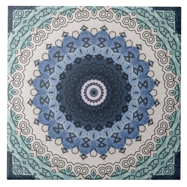 Blue and Teal Mandala with Geometric Symmetry Tile (Front)