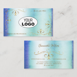 Blue and Teal Marble Gold Ornate Corners with Logo Business Card