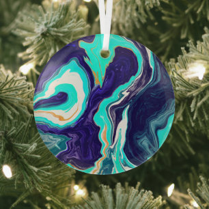 Blue and Teal Ocean Swirls Fluid Art Glass Tree Decoration