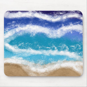 Blue and Teal Ocean Waves Sandy Beach Mouse Mat