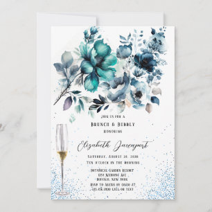 Blue and Teal Peony Glitter Brunch & Bubbly Invitation
