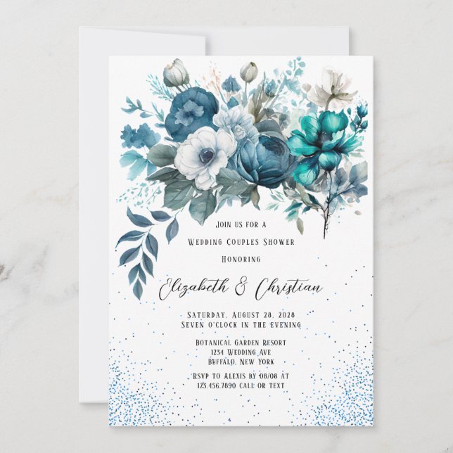 Blue and Teal Peony Glitter Wedding Couples Shower Invitation (Front)