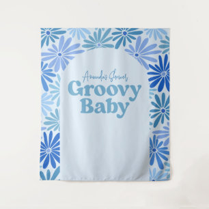Blue and Teal Retro Floral Groovy Baby Backdrop Tapestry