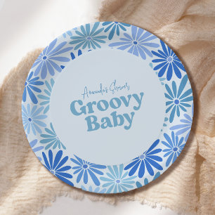 Blue and Teal Retro Floral Groovy Baby Shower Paper Plate