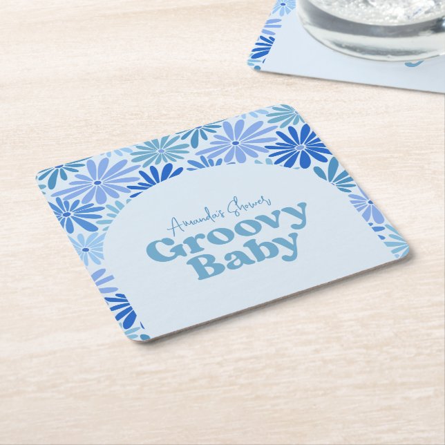 Blue and Teal Retro Floral Groovy Baby Shower  Square Paper Coaster (Angled)