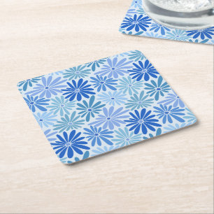 Blue and Teal Retro Floral Groovy Baby Shower Square Paper Coaster