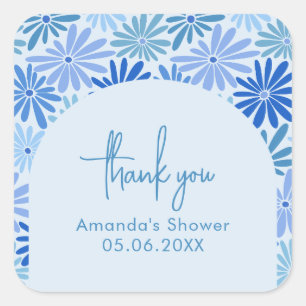 Blue and Teal Retro Floral Groovy Baby Shower Square Sticker