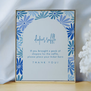 Blue and Teal Retro Floral Groovy Diaper Raffle Poster