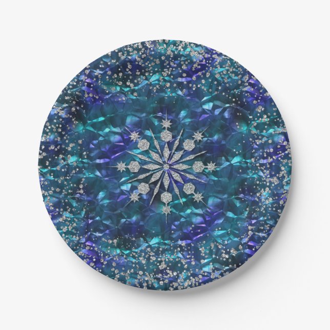 Blue and Teal Snow Paper Plate (Front)