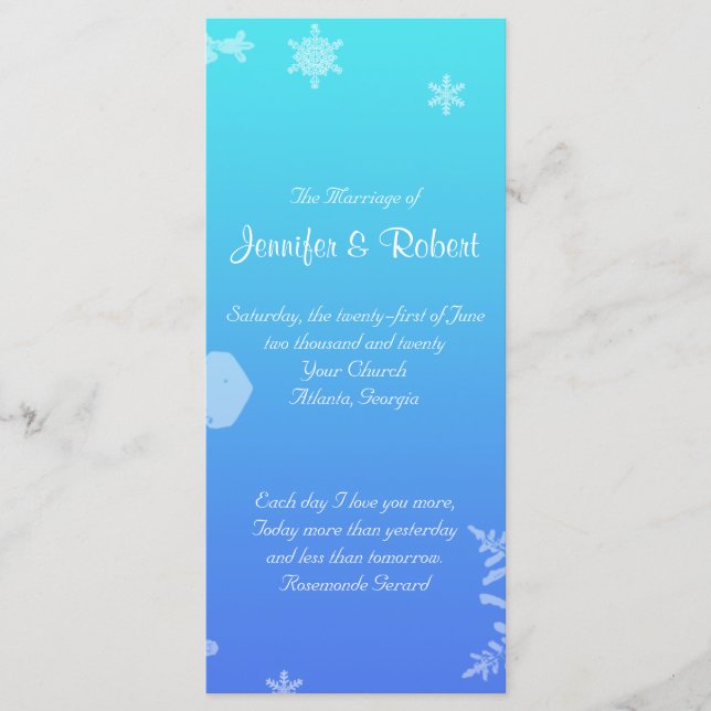 Blue and Teal Snowflake Posh Wedding Program Programme (Front)