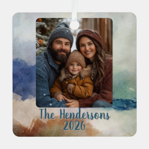 Blue and Terracota Watercolor Photo Holiday Metal Tree Decoration