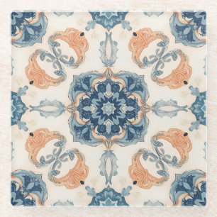Blue and Terracotta Mediterranean Boho Glass Coaster