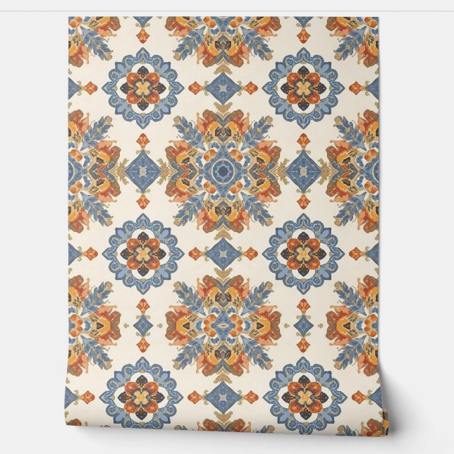 Blue and Terracotta Vintage Mediterranean Floral Wallpaper (Unrolling)
