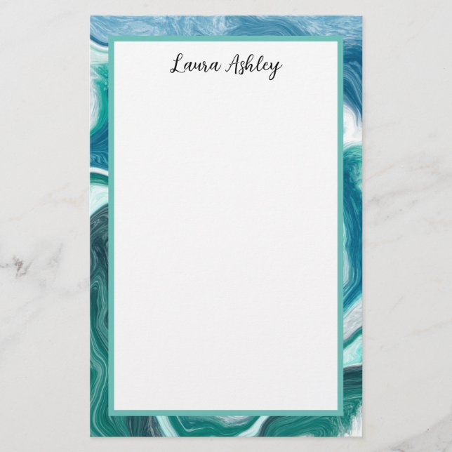 Blue and Turqio Fluid Art Personalised  Stationery (Front)